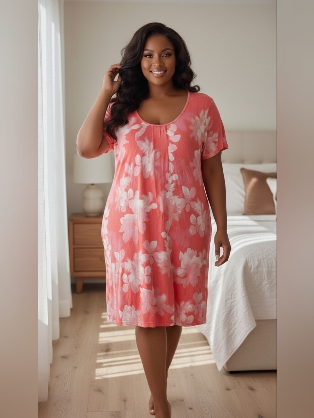 ​Simply Vera Vera Wang Floral Pocket Sleepshirt Nightgown Pink Coral L (EUC)